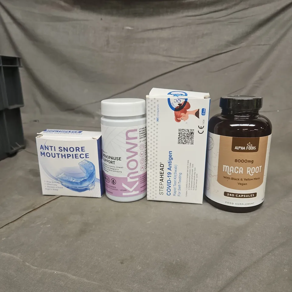 TOTE OF APPROXIMATELY 15 ASSORTED HEALTHCARE PRODUCTS TO INCLUDE ANTI SNORE MOUTH PIECE - MACA ROOT SUPPLEMENT AND KNOWN MENOPAUSE SUPPORT SUPPLEMENTS