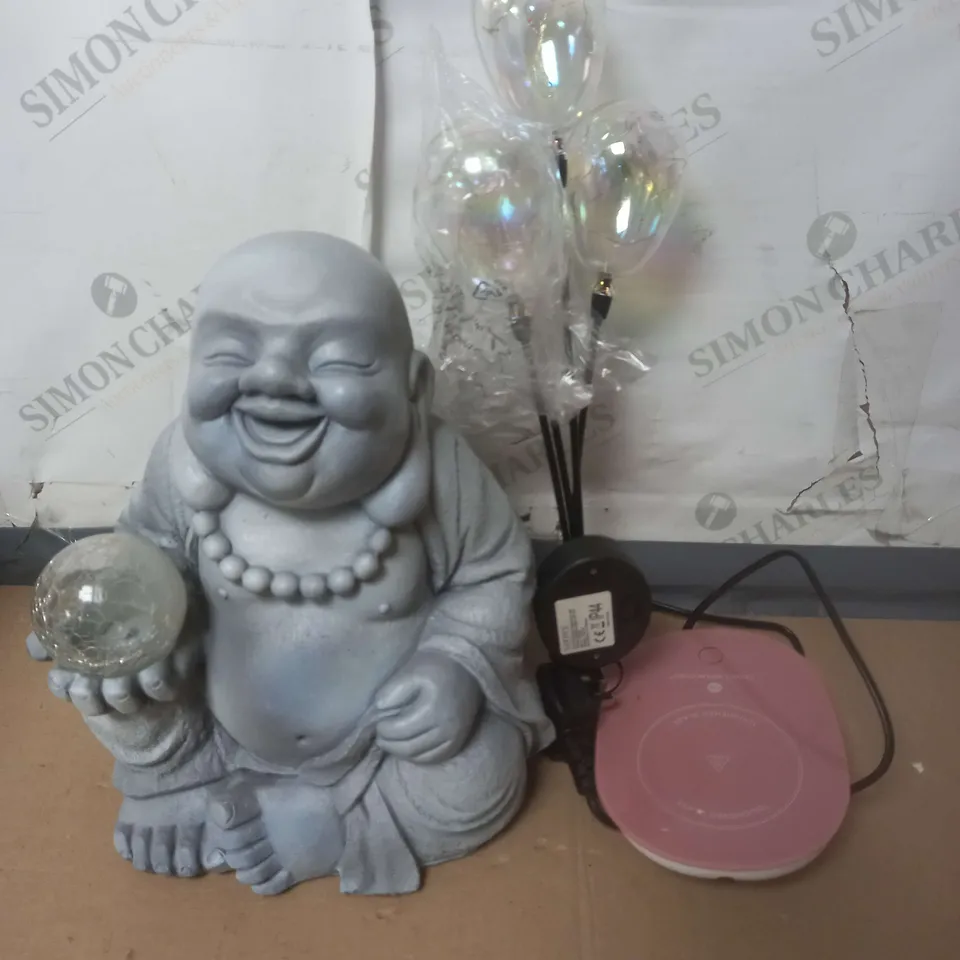 CAGE OF APPROX. 10 ASSORTED ITEMS TO INCLUDE - BUDA STATUE - OUT DOOR LIGHTS AND CUP WARMER / COLLECTION ONLY
