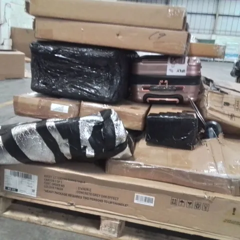 PALLET CONTAINING VARIOUS ASSORTED HOUSEHOLD ITEMS TO INCLUDE SUITCASES,SHELFS,HANG AIR DRYING RACKS ETC