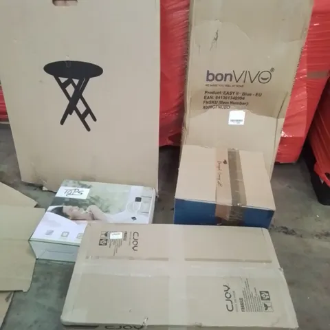 PALLET OF ASSORTED PRODUCTS, INCLUDING, BOXED OAIR BAR STOOLS, 12" TABLE FAN, FOLDING CAFE TABLE, ELECTRIC BLANKET, CEILING FAN, AIR FRYER