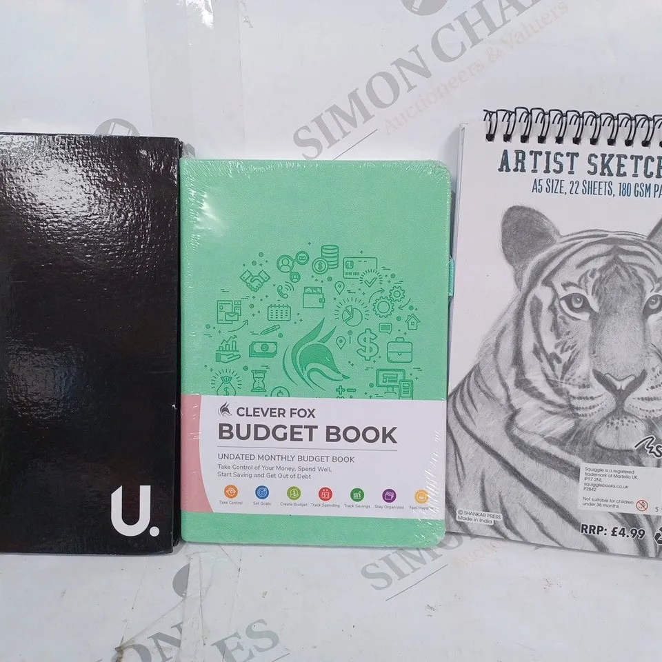 APPROXIMATELY 10 ASSORTED HOUSEHOLD ITEMS TO INCLUDE ARTIST SKETCH PAD, CLEVER FOX BUDGET BOOK, A5 NOTEPAD, ETC
