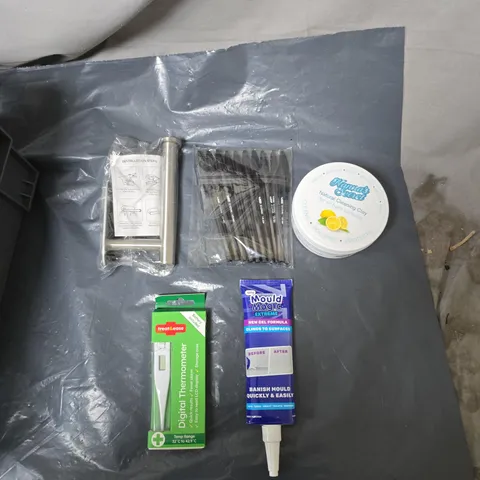 APPROXIMATELY 15 ASSORTED HOUSEHOLD ITEMS TO INCLUDE CLEANING CLAY, PENS, MOULD CLEANER, THERMOMETER & DOOR HANDLE