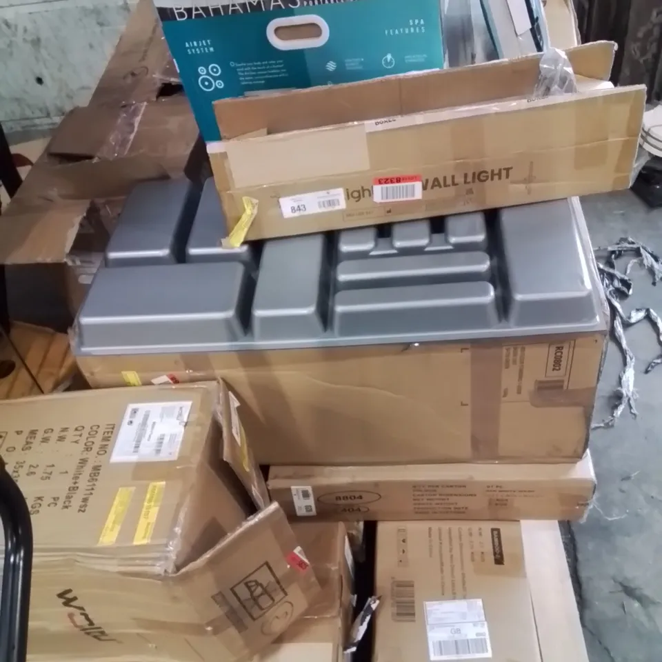 PALLET CONTAINING VARIOUS ASSORTED ITEMS TO INCLUDE,  SPA PUMP AND PARTS, ARLINGTON 4+3 DRAWER CHEST, PET CAR SEAT ECT.