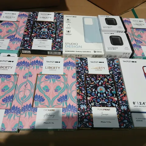 BOX CONSISTING OF A LARGE QUANTITY OF ASSORTED ELECTRICAL ACCESSORIES TO INCLUDE; TECH 21 PHONE CASES AND EARBUD CASES