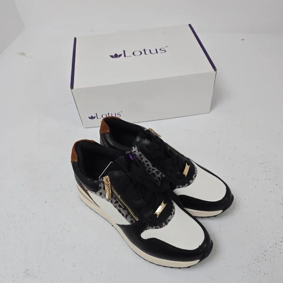 LOTUS WOMEN'S SNEAKERS BLACK/WHITE LEOPARD PRINT WITH GOLD ZIP – EU39 (UK 6.5)