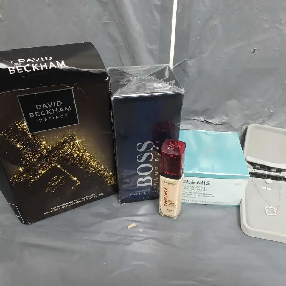 5 ASSORTED ITEMS TO INCLUDE HUGO BOSS BOTTLED NIGHT EAU DE TOILETTE, DAVID BECKHAM INSTINCT EAU DE PARFUM, ELEMIS PRO-COLLAGEN CLEANSING BALM