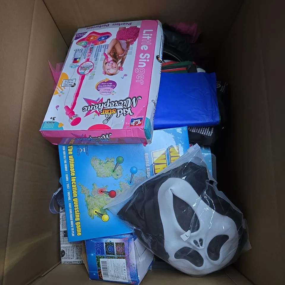 LARGE BOX OF ASSORTED TOYS AND GAMES TO INCLUDE FANCY DRESS, KIDS MICROPHONE AND BOARD GAMES