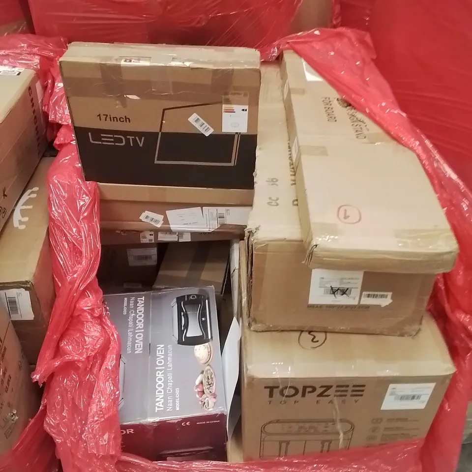 PALLET CONTAINING VARIOUS ASSORTED BOXED HOUSEHOLD ITEMS TO INCLUDE: 17 INCH LED TV,AIRFRYER,TANDOOR OVENAND LOTS MORE UNMARKED BOXED ITEMS 