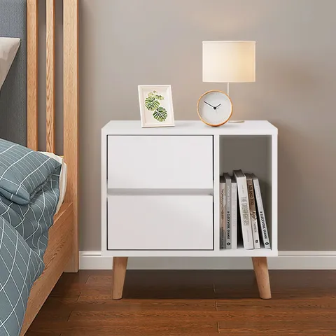 BOXED ANDRU MODERN WHITE WOOD BEDSIDE TABLE IN BLACK