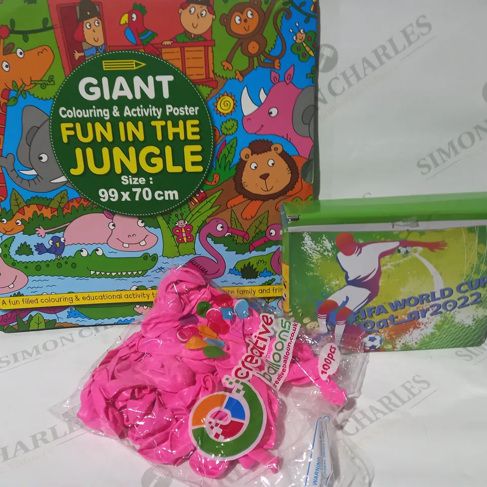BOX OF APPROXIMATELY 10 ASSORTED TOYS AND GAMES TO INCLUDE GIANT COLOURING & ACTIVITY POSTER, FIFA WORLD CUP PARTY PACK, CREATIVE BALLOONS, ETC