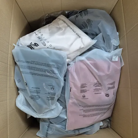 LARGE BOX OF ASSORTED CLOTHING ITEMS IN VARIOUS COLOURS, SIZES AND STYLES