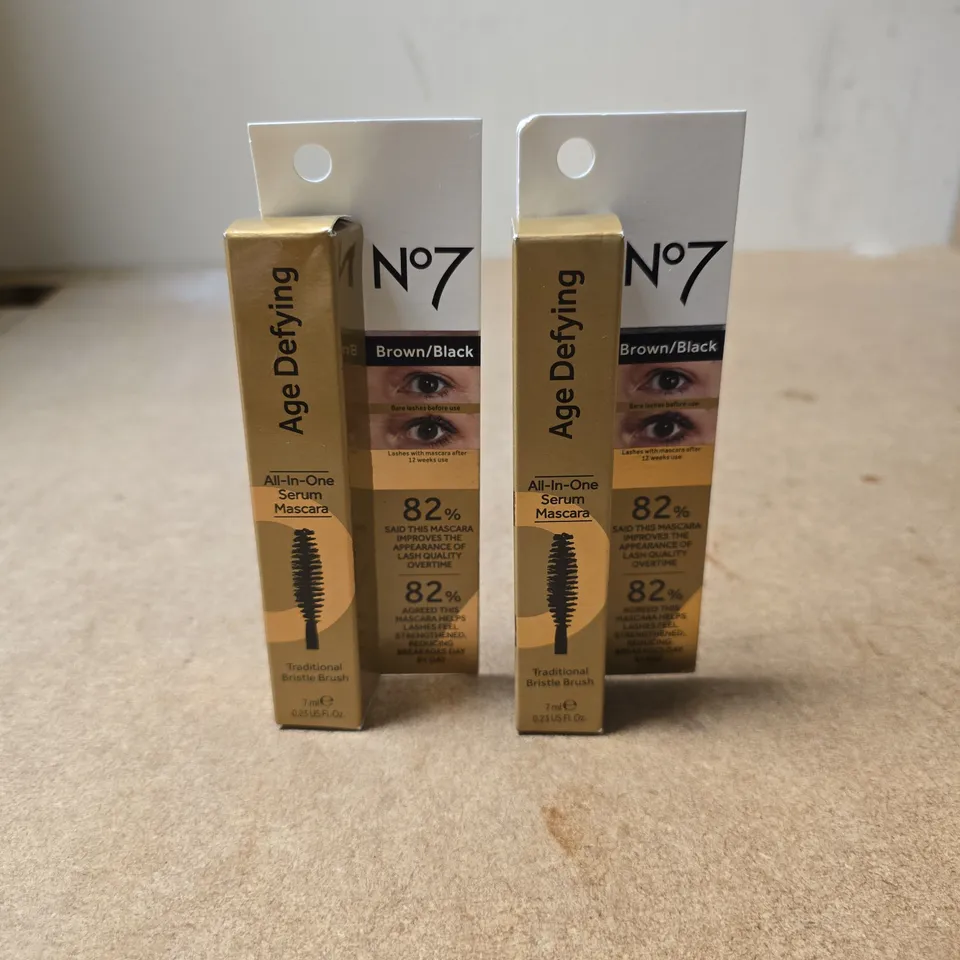 SET OF 2 NO7 BROWN/BLACK AGE DEFYING ALL IN ONE SERUM MASCARA BRISTLE BRUSH 7ML
