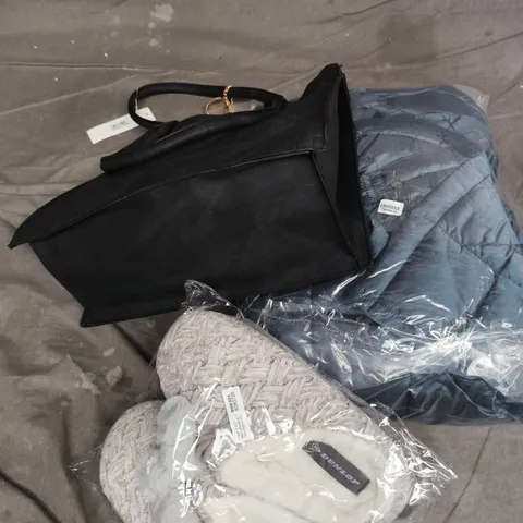 APPROXIMATELY 10 ASSORTED CLOTHING PRODUCTS TO INCLUDE HANDBAGS, SLIPPERS, JACKETS ETC