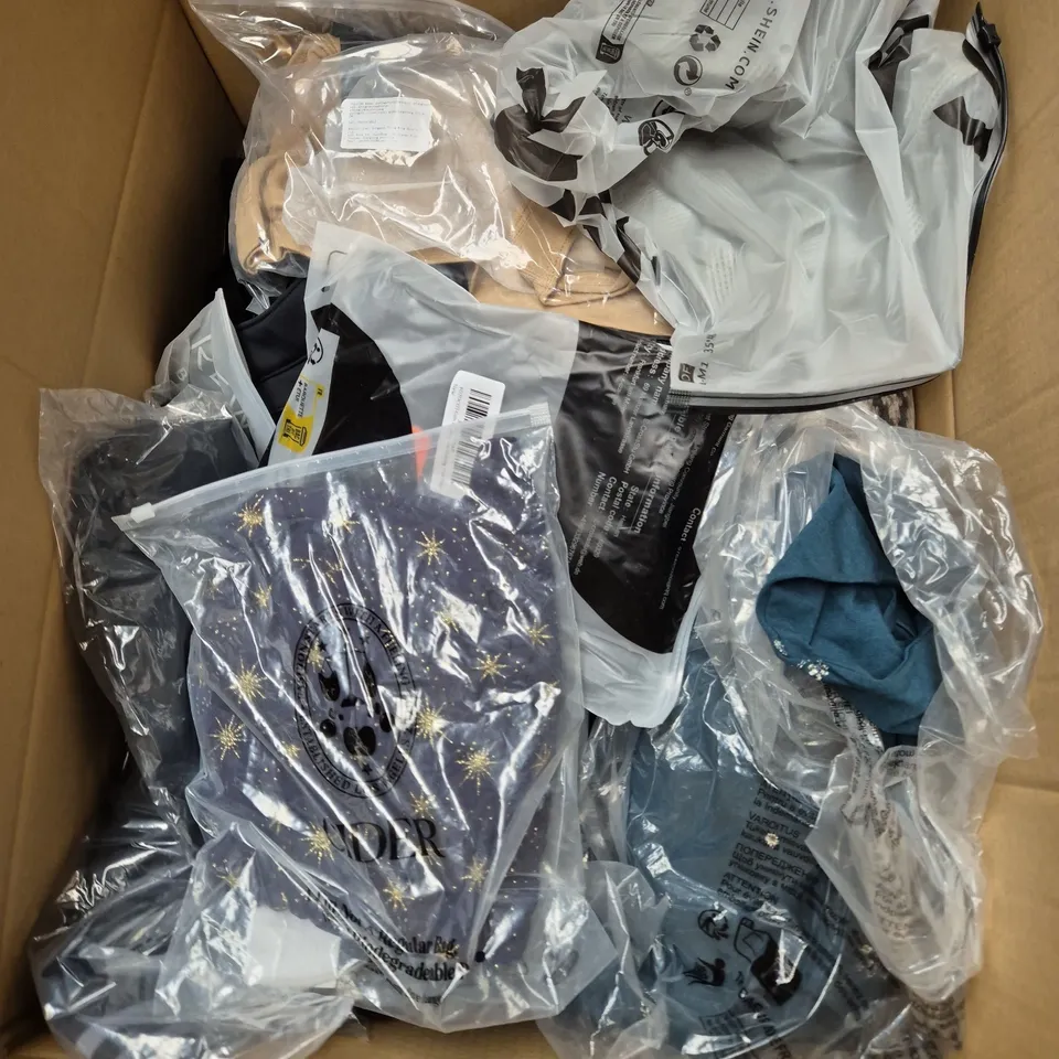 LARGE BOX OF ASSORTED CLOTHING ITEMS IN VARIOUS SIZES, STYLES AND COLOUR 