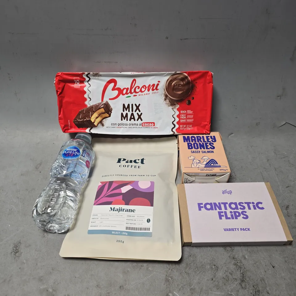 APPROXIMATELY 7 ASSORTED FOOD & DRINK ITEMS TO INCLUDE - NESTLE WATER , AIR UP FANTASTIC FLIPS , PACT COFFEE MAJIRANE ETC