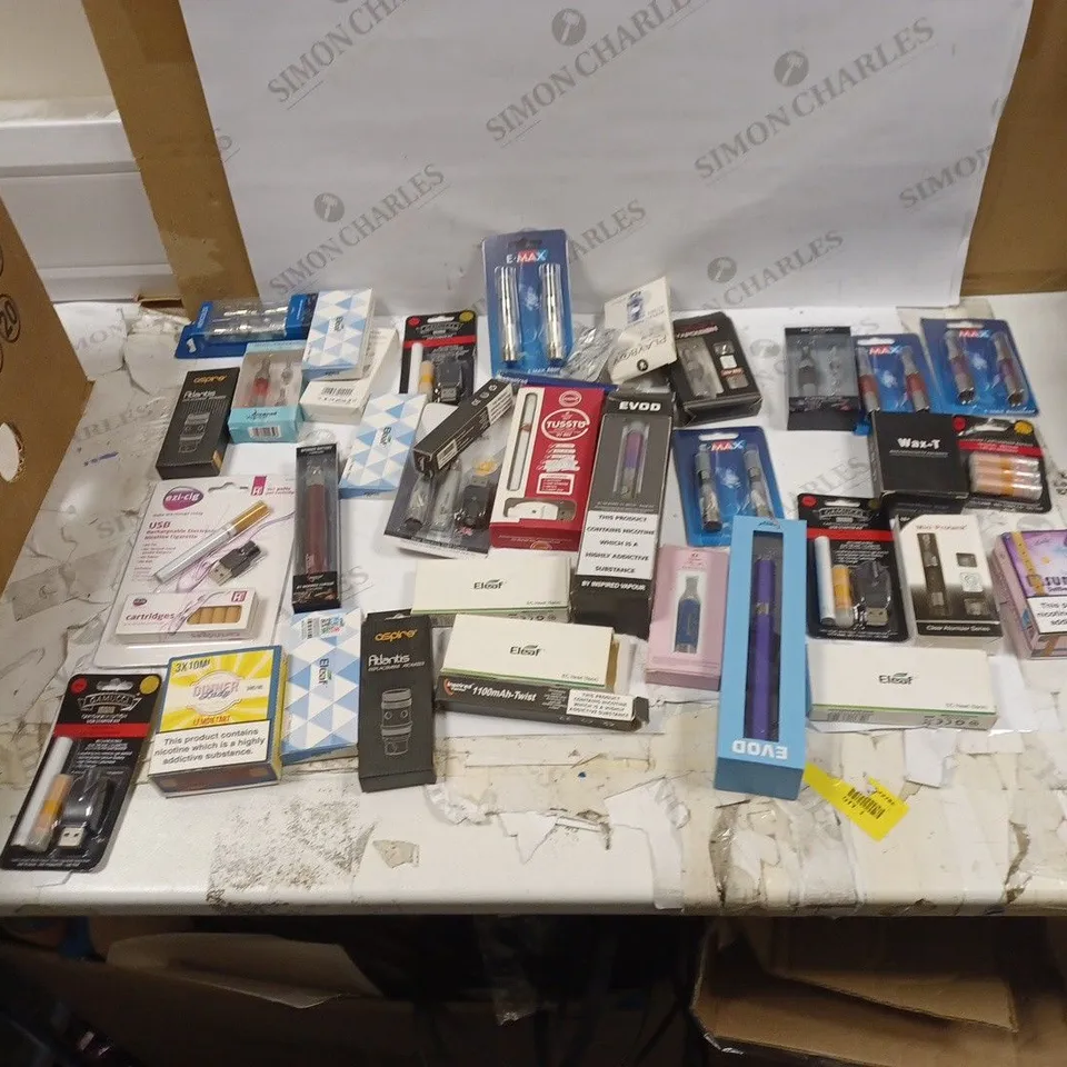LOT OF APPROXIMELTY 20 ASSORTED E-CIGARETTE ASSOCIATED ITEMS TO INCLUDE E-MAX ATOMIZER, EVOD KIT, AND MINI PROTANK ETC.