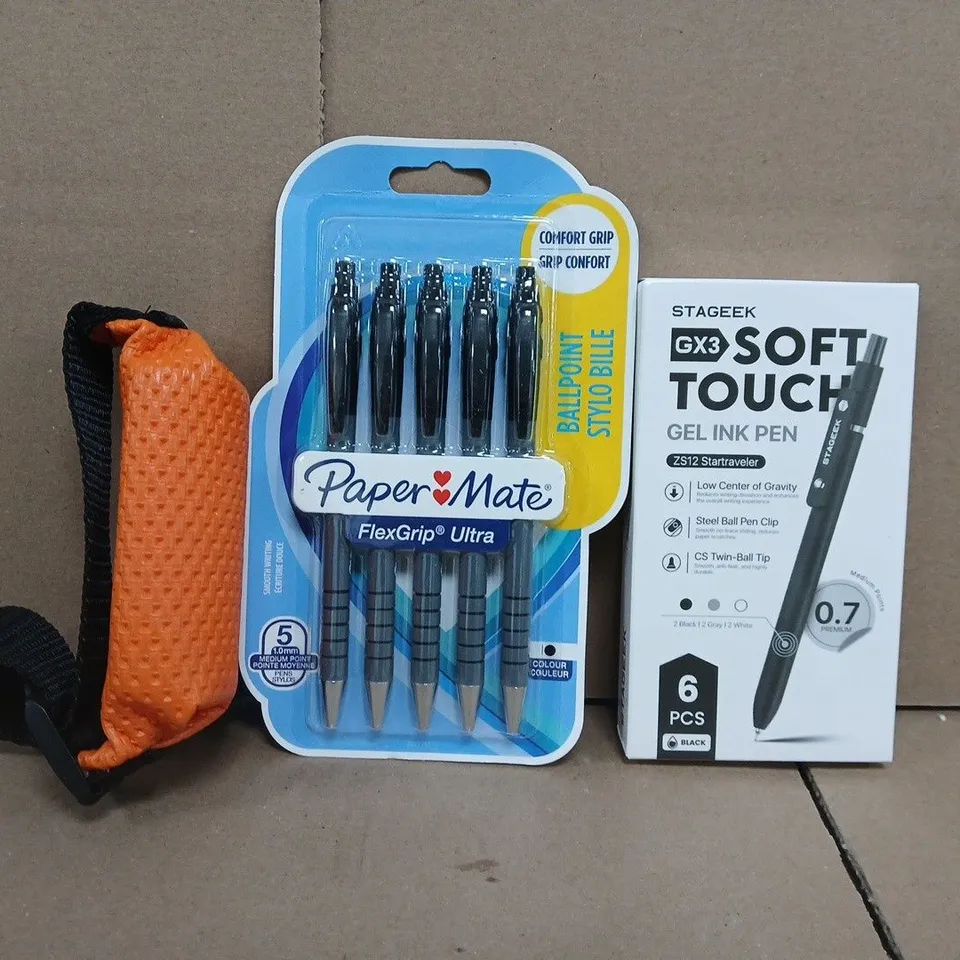 APPROXIMATELY 10 ASSORTED HOUSEHOLD ITEMS TO INCLUDE SOFT TOUCH GEL INK PEN, PAPER MATE FLEX GRIP BALL POINT PENS, ETC