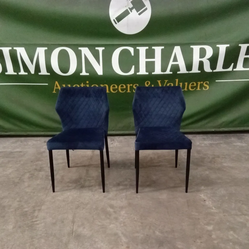 SET OF 2 QUALITY DESIGNER DIAMOND PATTERN VELVET DINNING CHAIRS - DEEP BLUE