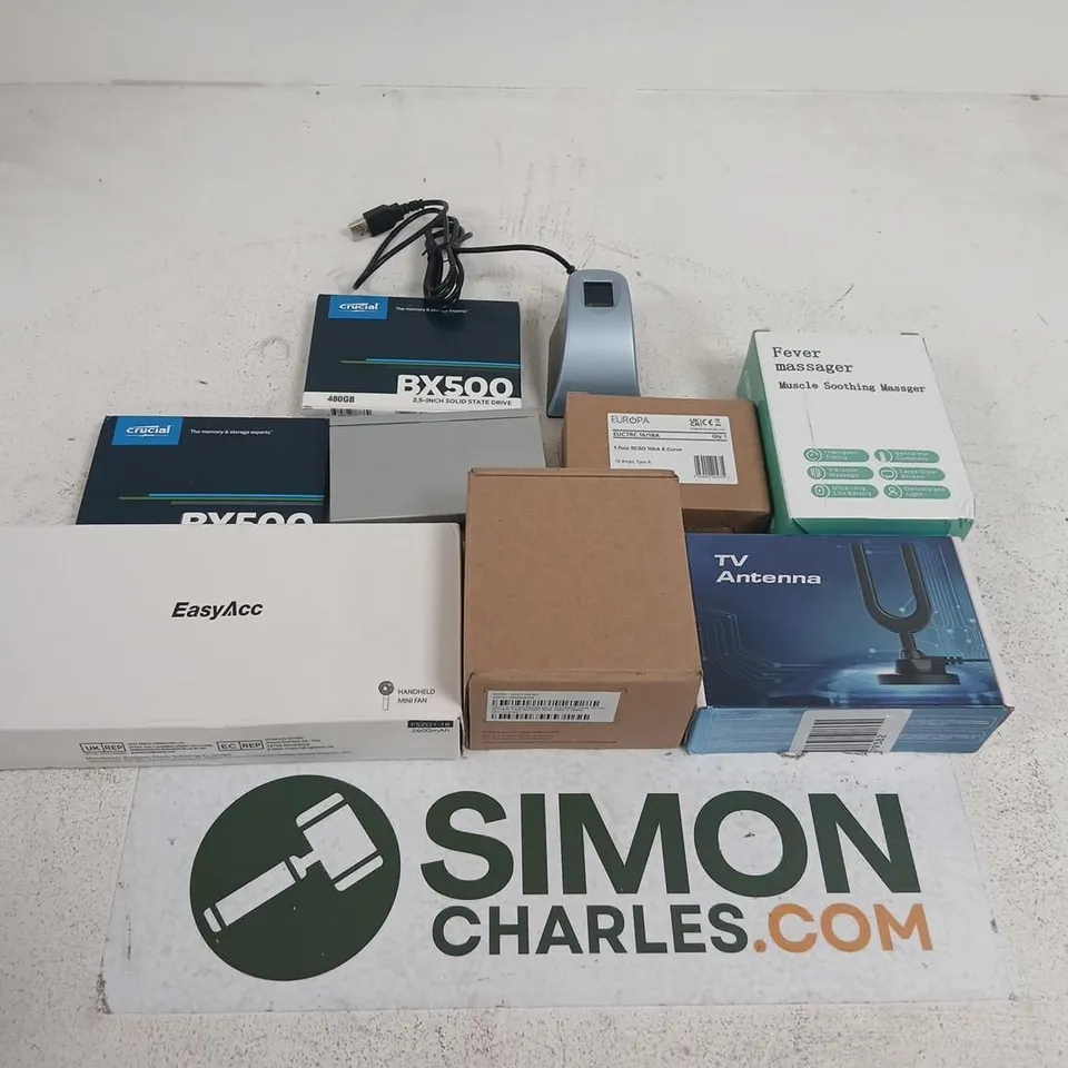 LOT OF MIXED ELECTRONICS AND ACCESSORIES – CRUCIAL BX500 480GB SSDS, TV ANTENNA, MASSAGER, EASYACC BOX, AND MORE 