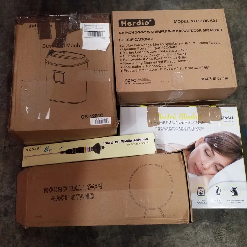 PALLET OF ASSORTED PRODUCTS INCLUDING ROUND BALLOON ARCH STAND, 10M & CB MOBILE ANTENNA, ELECTRIC BLANKET, INDOOR/OUTDOOR SPEAKERS, CROSS CUT PAPER SHREDDER
