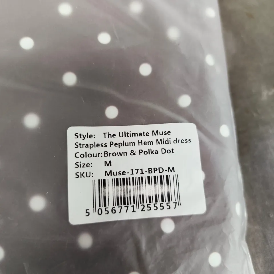 BAGGED DDMUSE THE ULTIMATE MUSE STRAPLESS PEPLUM HEM MIDI DRESS – BROWN & POLKA DOT, SIZE M 