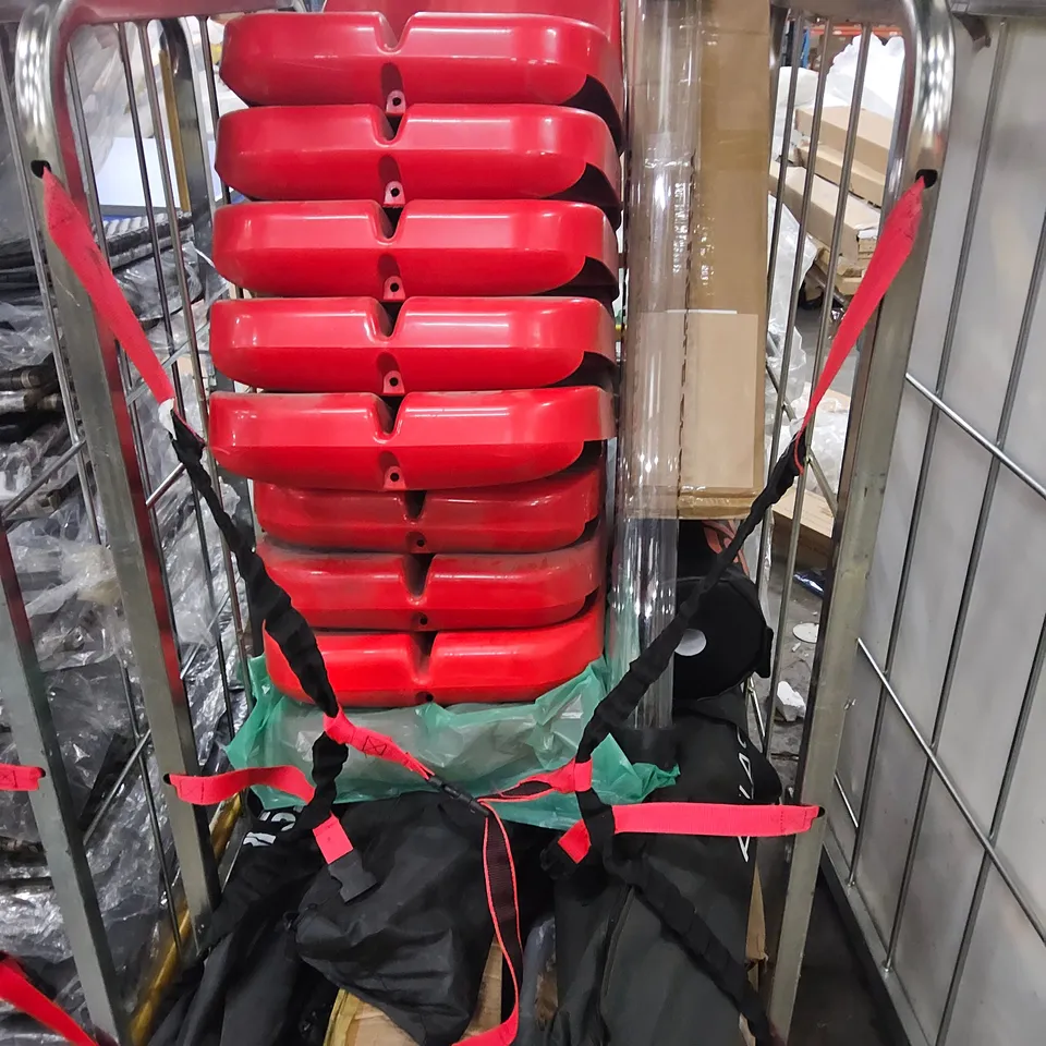 CAGE OF ASSORTED SPORTS EQUIPMENT PARTS INCLUDING RED PLASTIC SEATS (CAGE NOT INCLUDED)