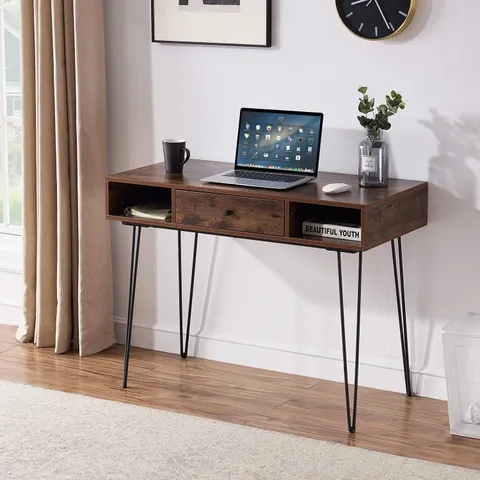 BOXED VECELO 39.3" HOME OFFICE WORK TABLE WITH DRAWERS,COMPUTER DESK WITH HAIRPIN LEG FOR WRITING/STUDY,RETRO BROWN