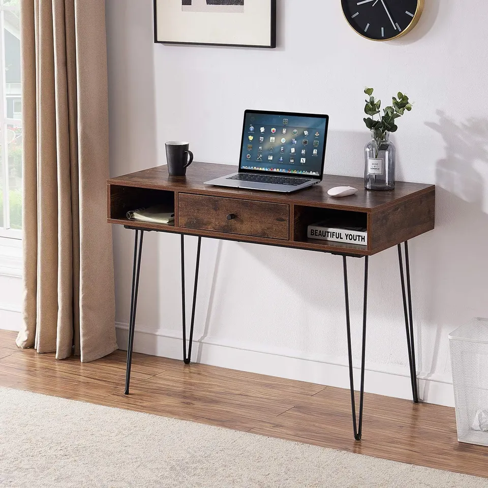 BOXED VECELO 39.3" HOME OFFICE WORK TABLE WITH DRAWERS,COMPUTER DESK WITH HAIRPIN LEG FOR WRITING/STUDY,RETRO BROWN