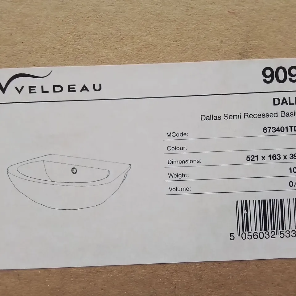 BOXED AS NEW VELDEAU DALLAS 1-TAP SEMI RECESSED BASIN - 521X163X393MM