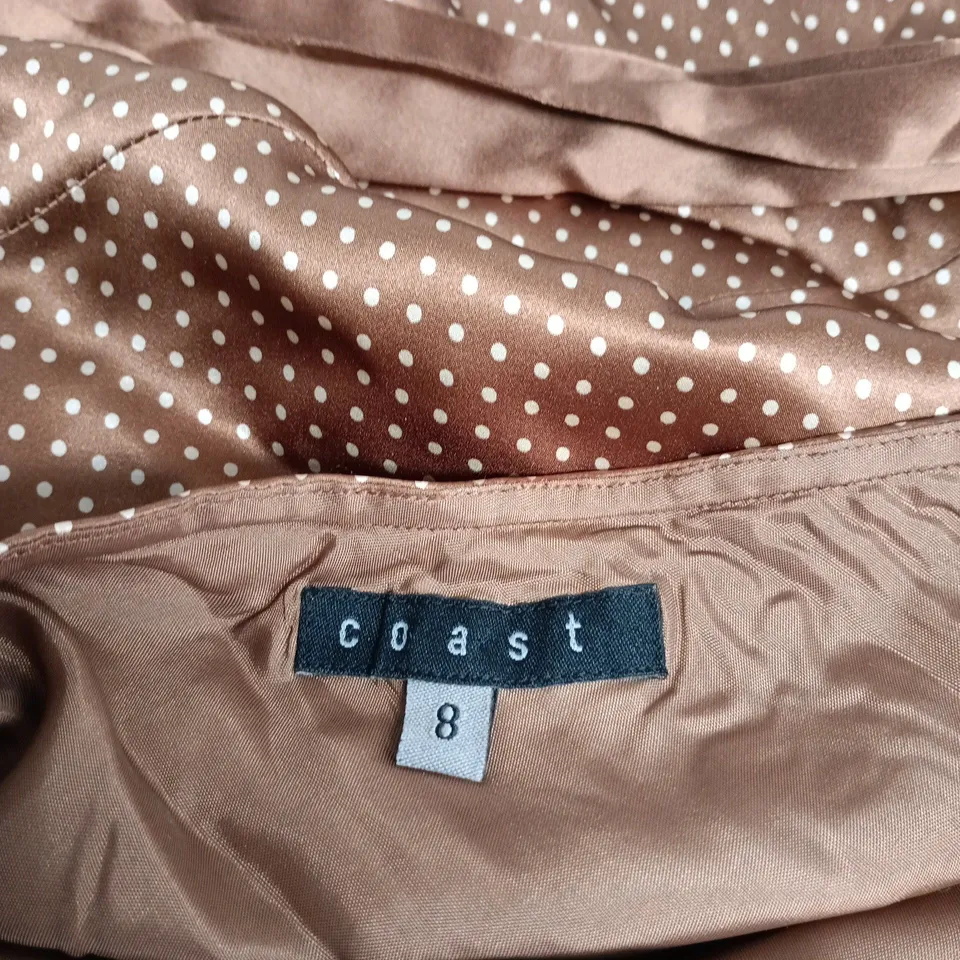 UK 8 COAST WOMEN'S DRESS – BROWN SATIN WITH WHITE POLKA DOTS