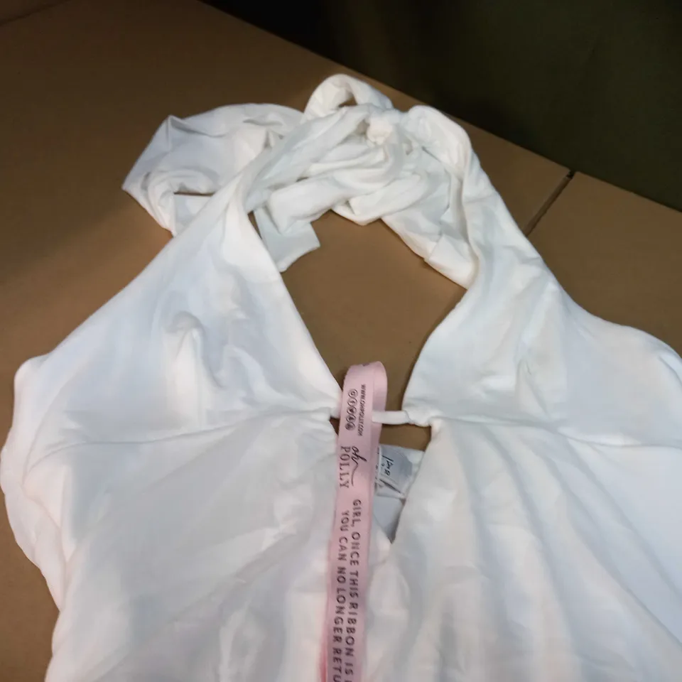 OH POLLY WHITE HALTER NECK RUCHED MINI DRESS - SIZE 14
