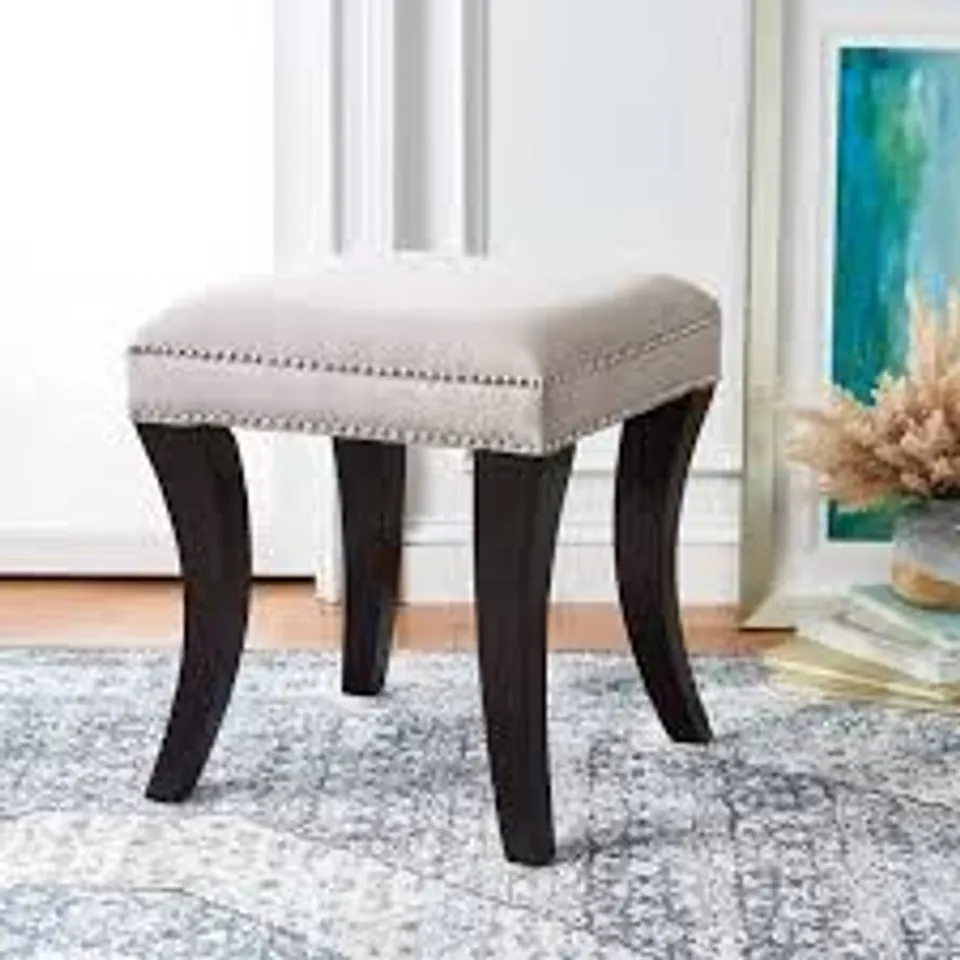 MERCER COLLECTION SAFAVIEH DIVA TUFTED OTTOMAN WITH DISTINCTIVE CURVED LEGS AND NAILHEAD TRIM - GREY