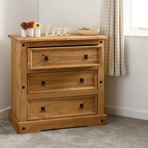 BOXED CORONA 3 DRAWER CHEST - DISTRESSED WAXED PINE (1 BOX)