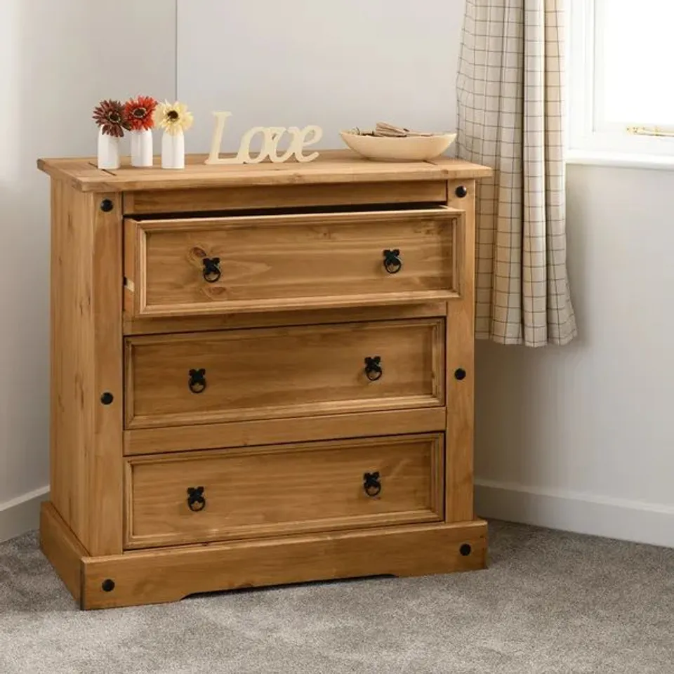 BOXED CORONA 3 DRAWER CHEST - DISTRESSED WAXED PINE (1 BOX)