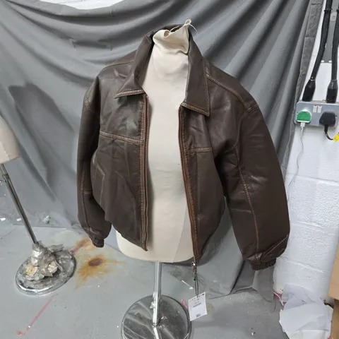BERSHKA BROWN LEATHER BOMBER JACKET – MEN'S SIZE M