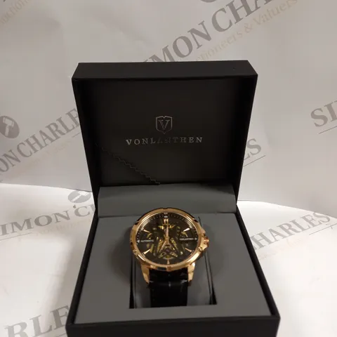 VONLANTHEN MEN'S AUTOMATIC WATCH WITH EXHIBITION BACK BLACK LEATHER STRAP