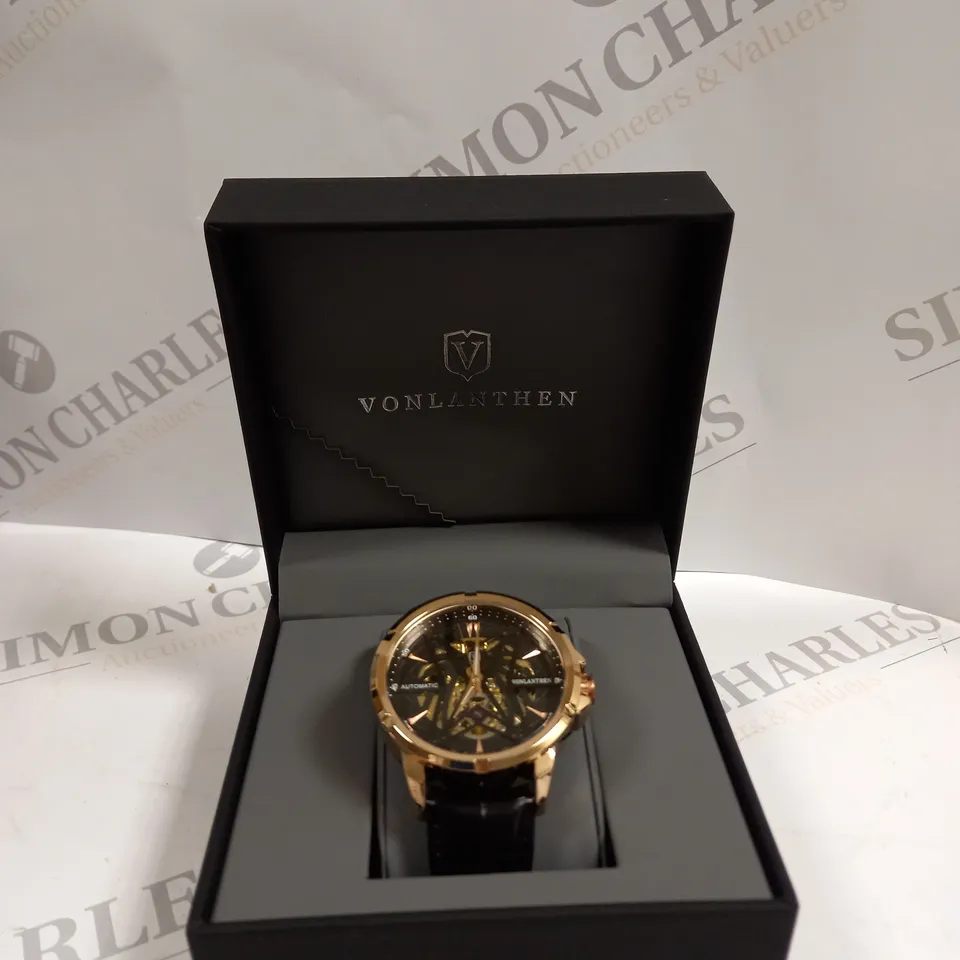 VONLANTHEN MEN'S AUTOMATIC WATCH WITH EXHIBITION BACK BLACK LEATHER STRAP