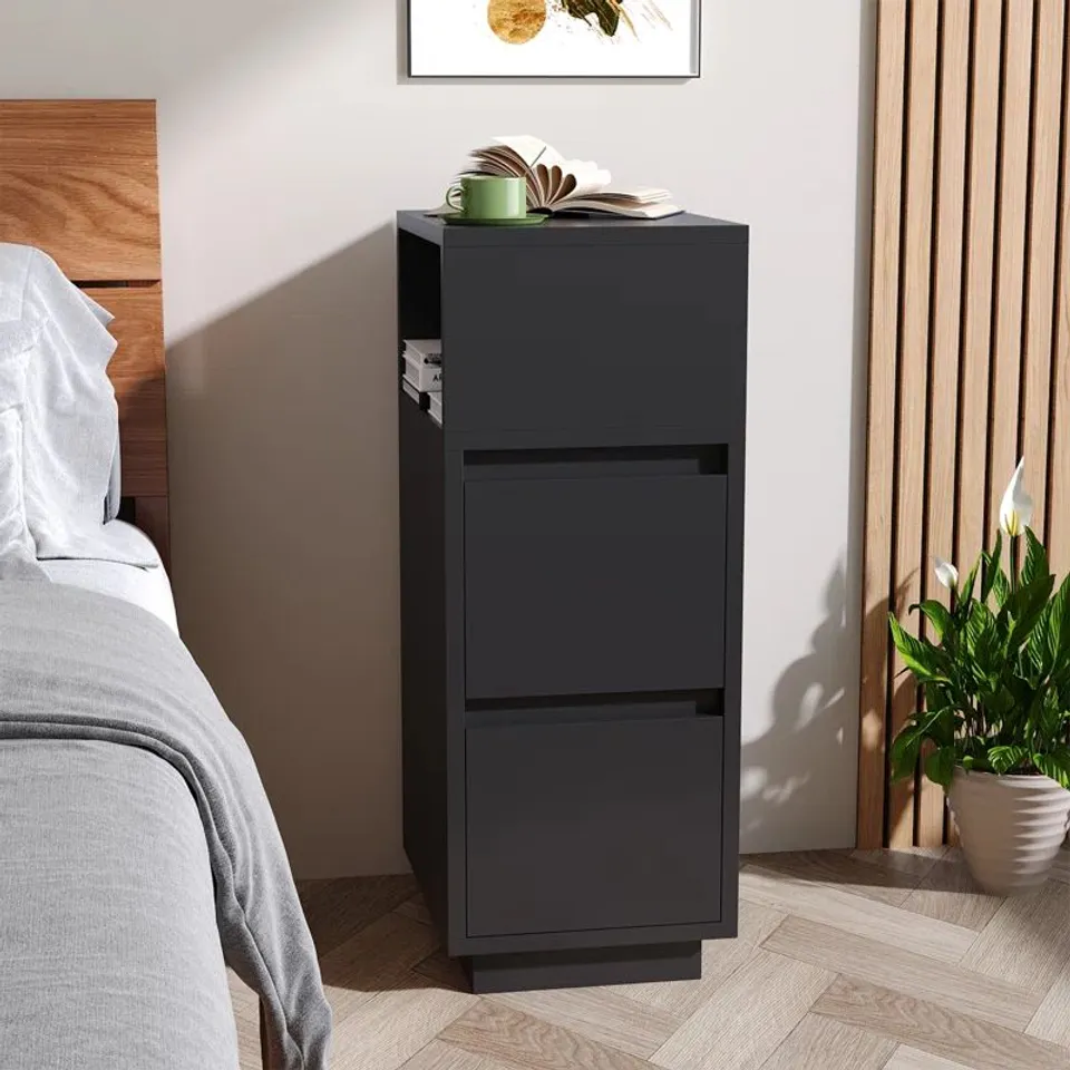 BOXED MINIMALIST BEDSIDE TABLE WITH DRAWERS - BLACK (1 BOX)