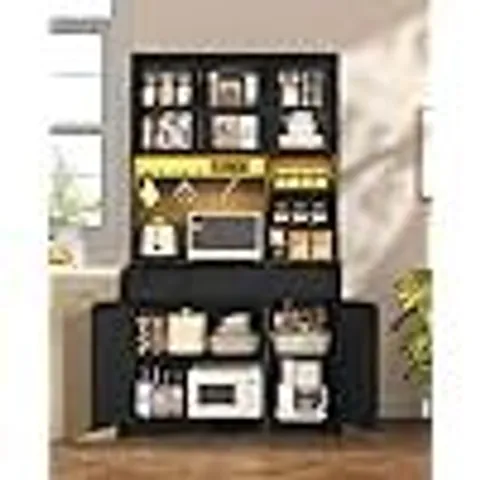 BOXED HZUANERI KITCHEN CUPBOARD WITH LED & POWER OUTLET, TALL KITCHEN CABINET WITH COUNTERTOP & 2 DRAWERS, SIDEBOARD STORAGE CABINET, ADJUSTABLE SHELVES, FOR DINING ROOM, 40X100X180 CM, BLACK (2 BOXES