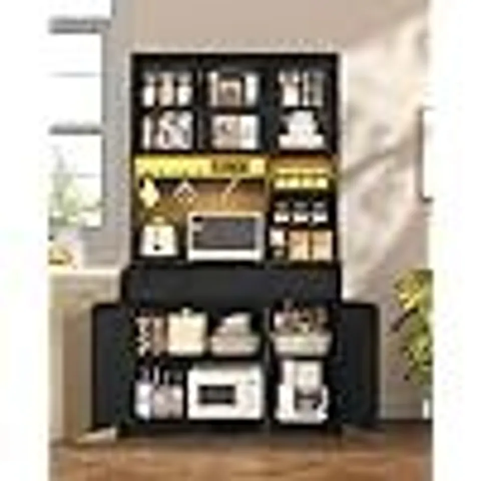 BOXED HZUANERI KITCHEN CUPBOARD WITH LED & POWER OUTLET, TALL KITCHEN CABINET WITH COUNTERTOP & 2 DRAWERS, SIDEBOARD STORAGE CABINET, ADJUSTABLE SHELVES, FOR DINING ROOM, 40X100X180 CM, BLACK (2 BOXES