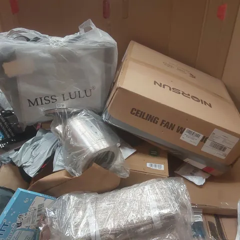 PALLET CONTAINING A LARGE QUANTITY OF ASSORTED ITEMS INCLUDING: MISS LULU BAG, CEILING FAN WITH LIGHT, KETTLE ECT