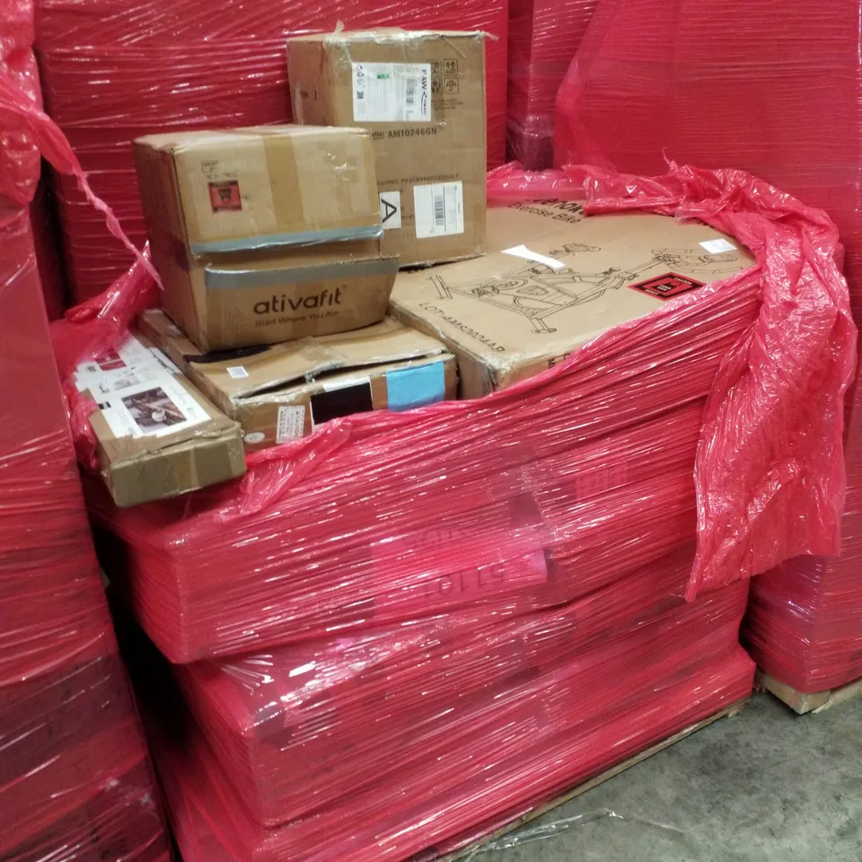 PALLET CONTAINING ASSORTED PRODUCTS INCLUDING EXERCISE  BIKE, ADJUSTABLE KETTLEBELL, MANHOLE COVER & LAMINATE FLOORING TILES 