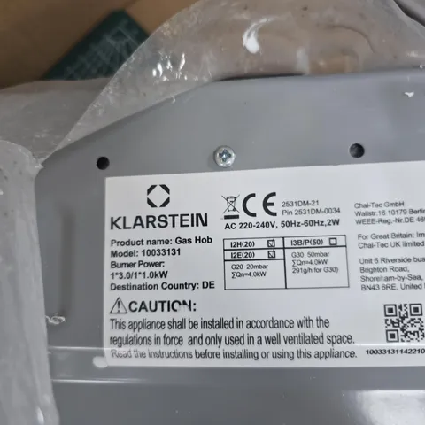 KLARSTEIN GAS HOB – DUAL BURNER, MODEL 10033131