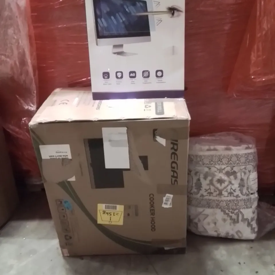PALLET OF ASSORTED HOUSEHOLD GOODS AND PRODUCTS TO INCLUDE;COOKER HOOD,RUG,SCREEN PROTECTOR FOR MONITOR