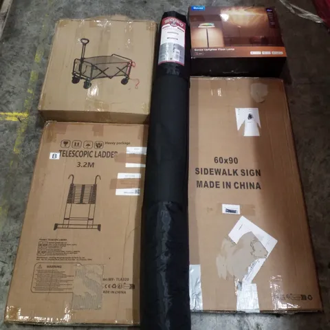 PALLET CONTAINING ASSORTED PRODUCTS INCLUDING SIDEWALK SIGN 60×90CM, YOGA MATS, TELESCOPIC LADDER 3.2M, FOLDING CAMPING WAGON & GOVEE UPLIGHTER FLOOR LAMP