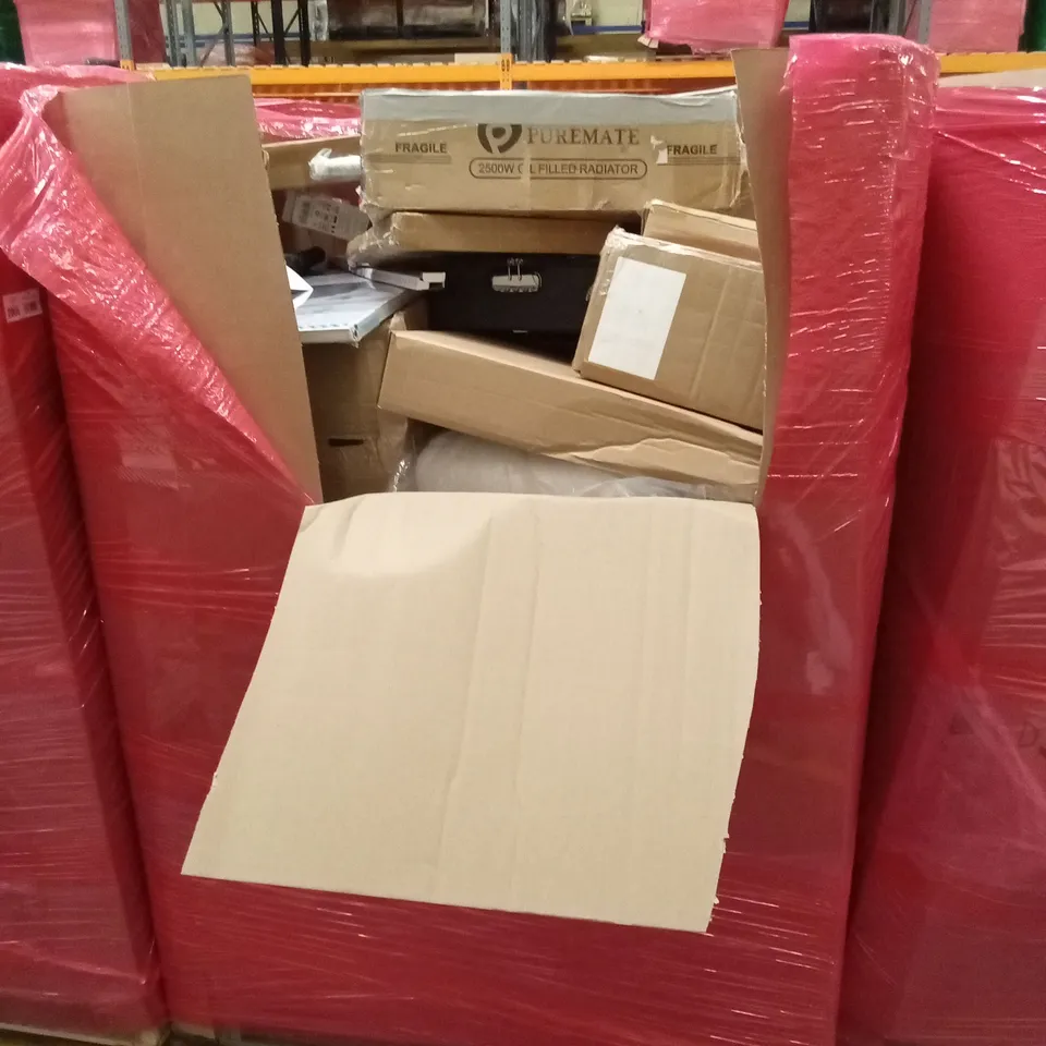PALLET OF ASSORTED HOUSEHOLD GOODS AND PRODUCTS TO INCLUDE; ELECTRIC HEATER, COMPUTER MONITOR PRIVACY SCREENS, UMBRELLA ETC