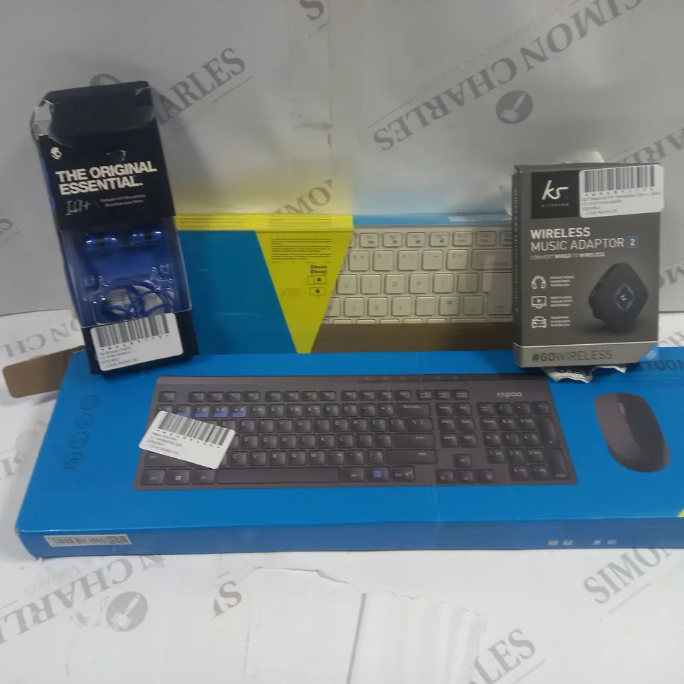 APPROXIMATELY 30 ASSORTED ELECTRICAL ITEMS TO INCLUDE RAPOO KEYBOARDS, WIRELESS MUSIC ADAPTERS, WIRES HEADPHONES, ETC