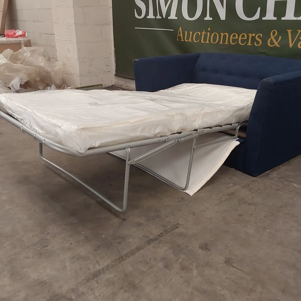 QUALITY DESIGNER 2 SEATER FABRIC UPHOLSTERED BLUE SOFA BED