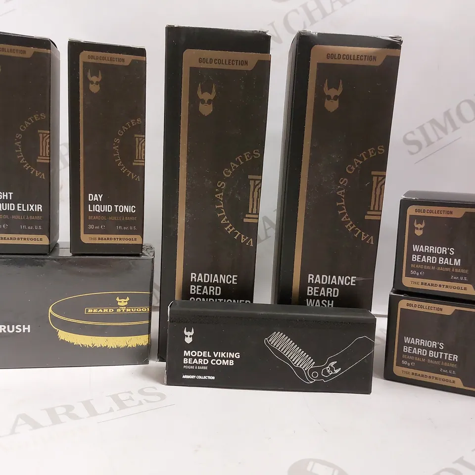 BOX OF APPROX 8 VALHALLAS GATES ITEMS TO INCLUDE VIKING SAVAGE BRUSH. RADIANCE BEARD WASH, DAY LIQUID TONIC 