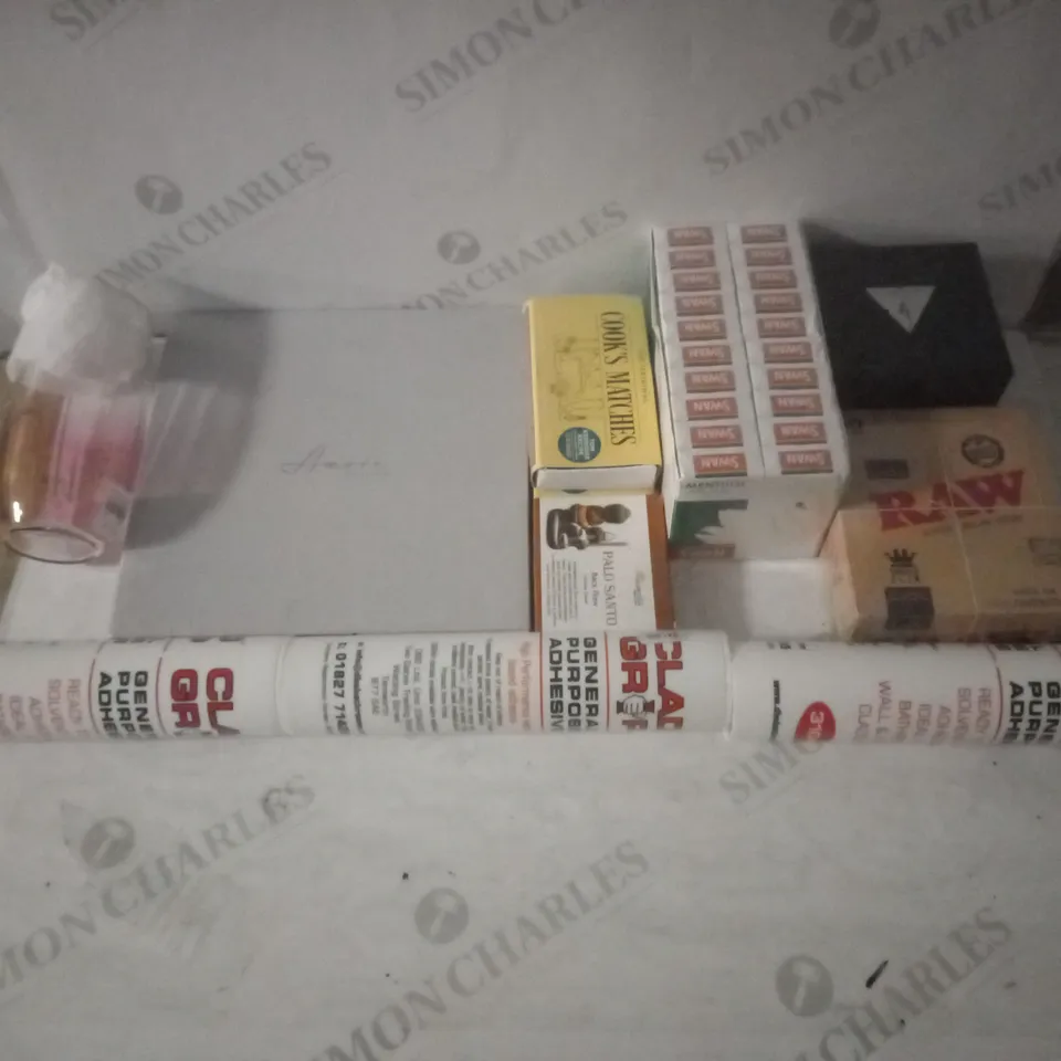 GROUP OF APPROX 10 ASSORTED ITEMS TO INCLUDE FILTER TIPS, MATCHES, ADHESIVE